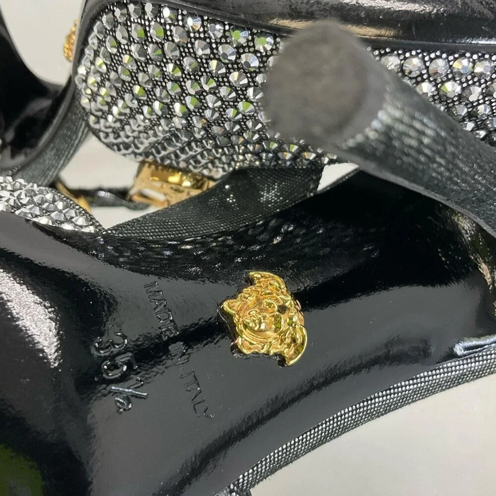 Versace Silver Gold Black Leather Bling Embellished Slingback Pumps 35.5 / US 5